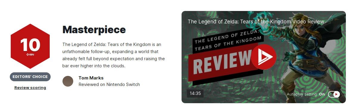 《塞尔达传说：王国之泪》IGN10分：超出预期！开放世界新标杆